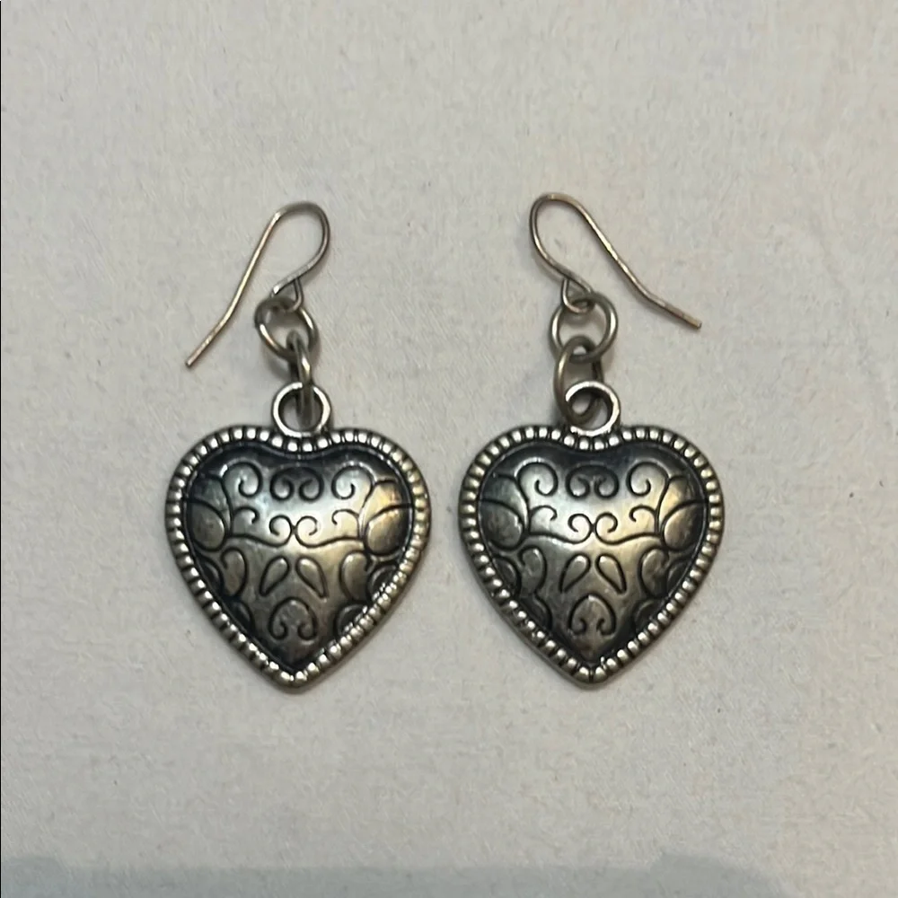Vintage Silvertone Heart Scrolled Dangle Drop Pierced Earrings